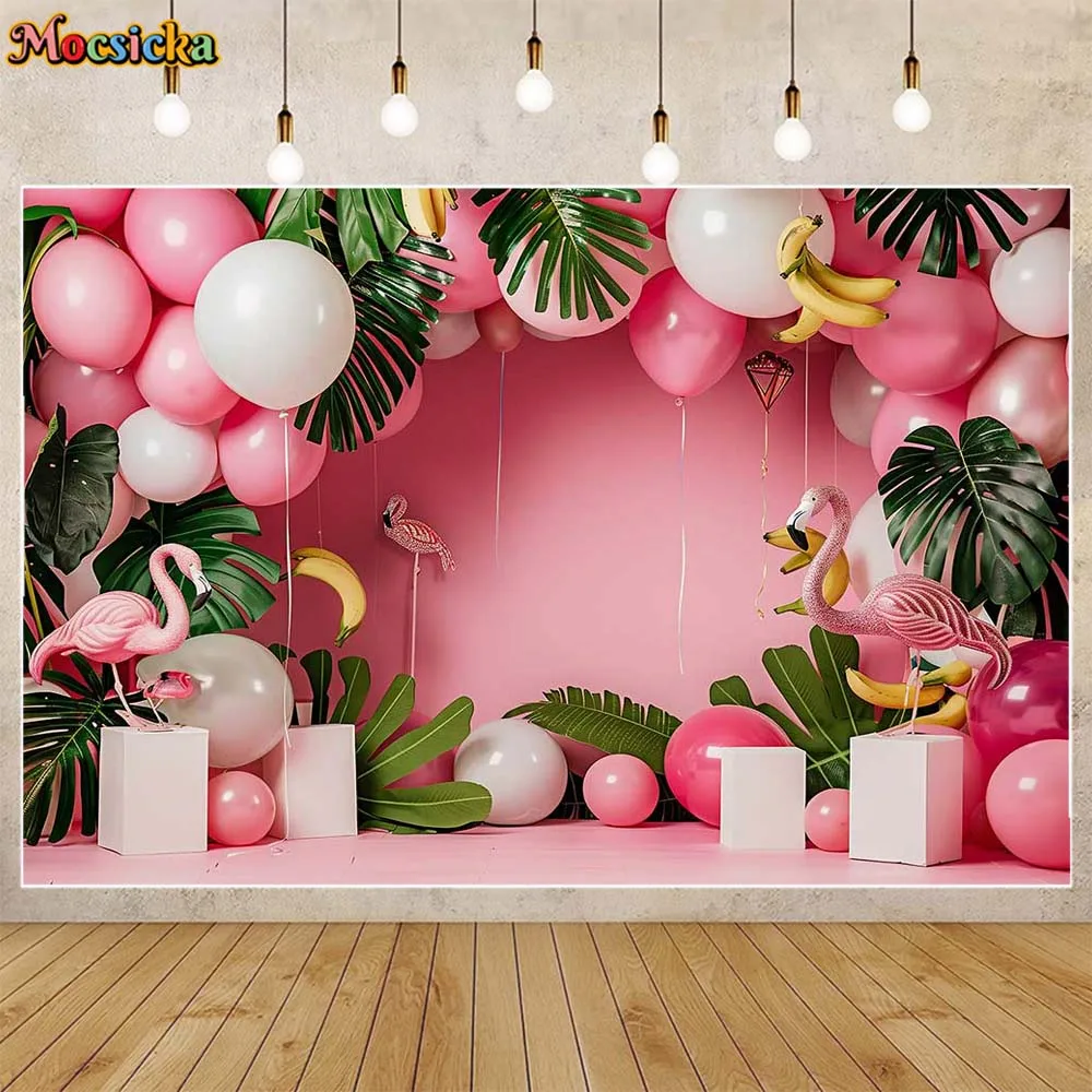 Mocsicka-خلفية تصوير للأطفال ، جدار وردي وقوس أرضي ، بالونات ، فلامنغو ، أوراق النخيل ، خلفيات صور للأطفال ، مستلزمات تصوير الصور