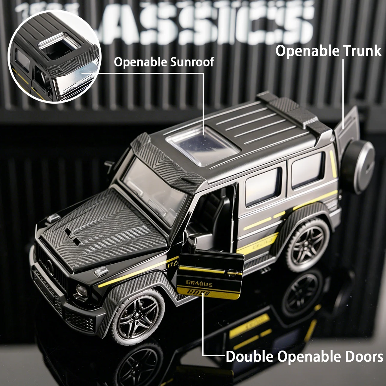 Black Brabus G900 Diecast Offroad SUV, Alloy G-Wagen Car Model,Pull Back Toy with Open Doors Sunroof Trunk Boys Collectible Gift