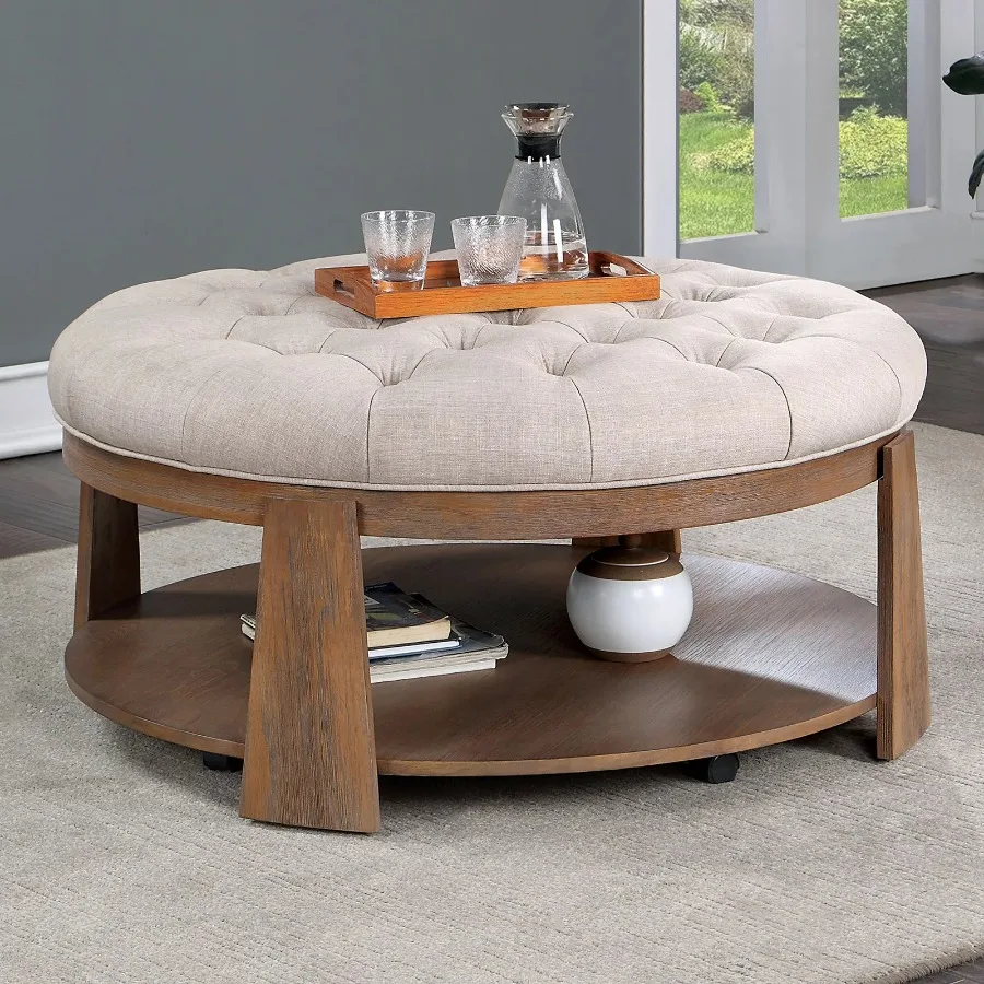 

Wire-brushed Finish Natural Tone Beige 1pc man Transitional Style Deep Button Linen Like Tufted Seat Open Bm Shelf Living Room