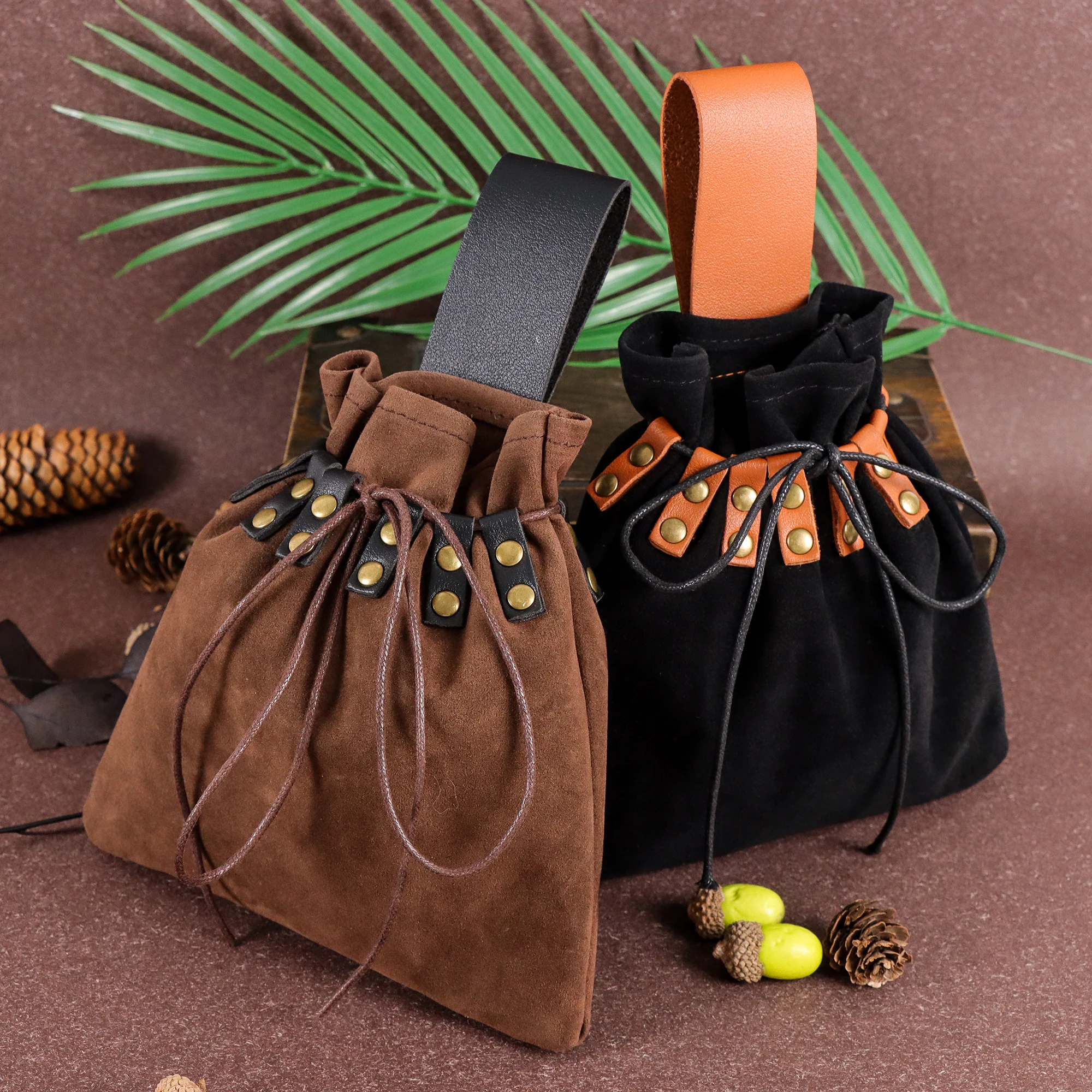 Bolsa de cuero sintético Medieval Vintage, monedero portátil de mediana edad, bolsa con cinturón con remaches para LARP Ren Faire