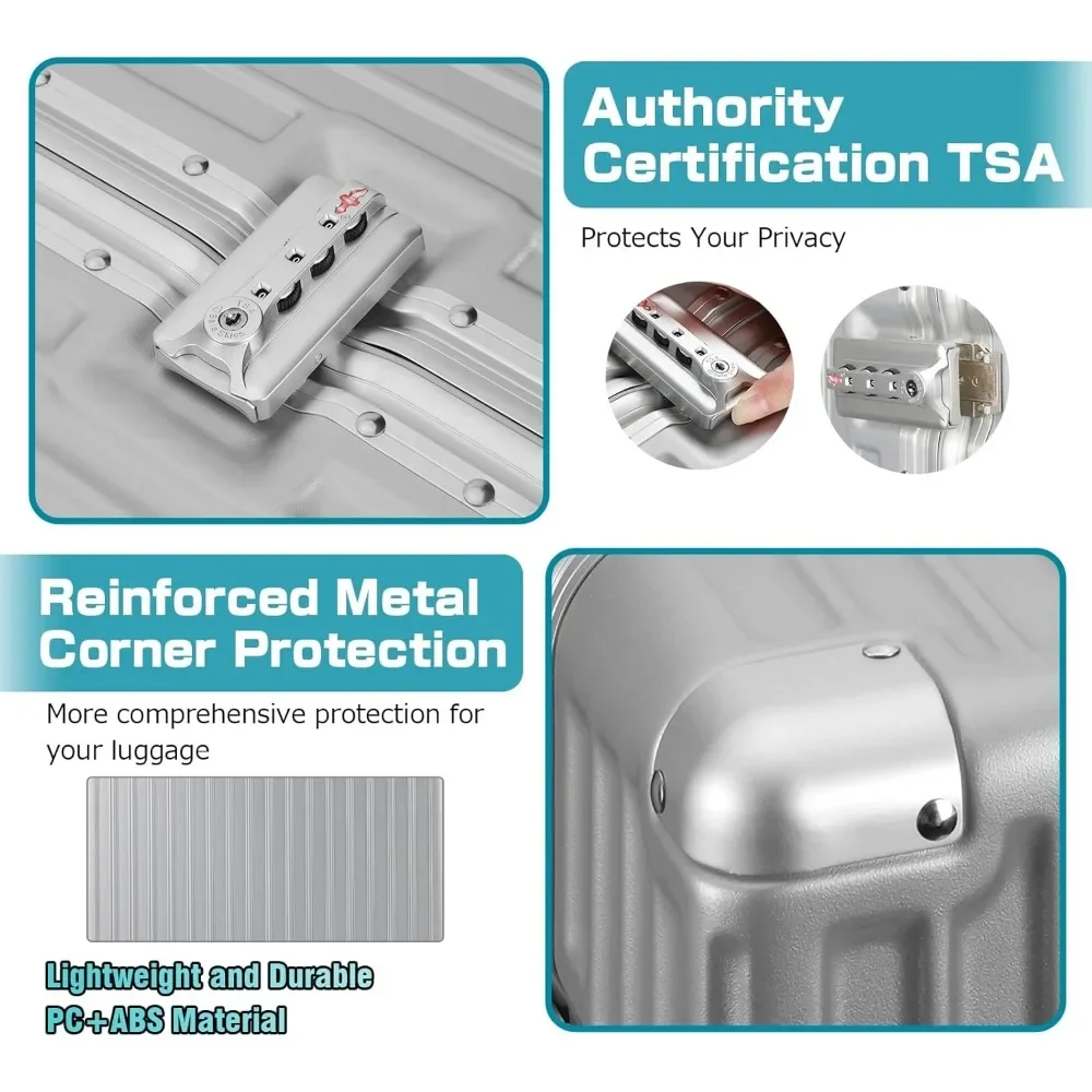 Maleta de equipaje con cerradura TSA de carcasa dura con marco de aluminio, sin cremallera, esencial de viaje plateado de 28 pulgadas