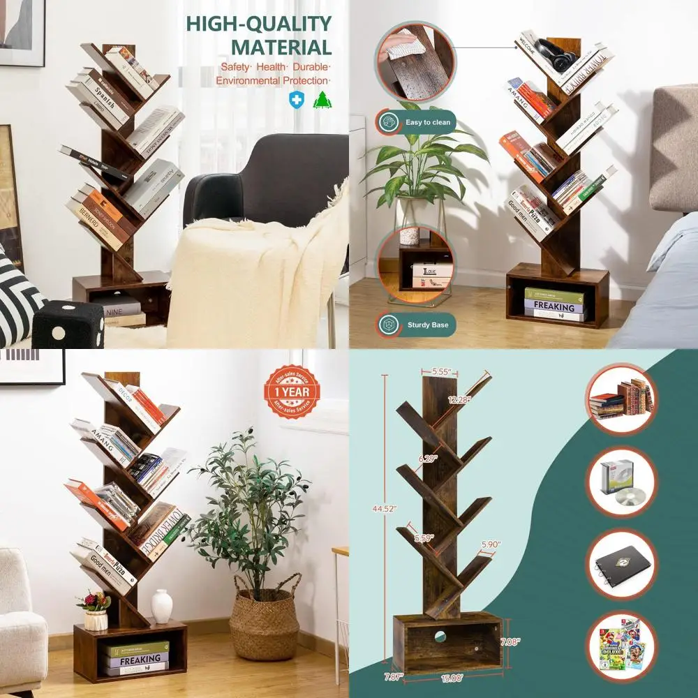 

Vintage 6-Tier Wooden Bookshelf - Tall Storage Unit for Books & Movies, Rustic Brown