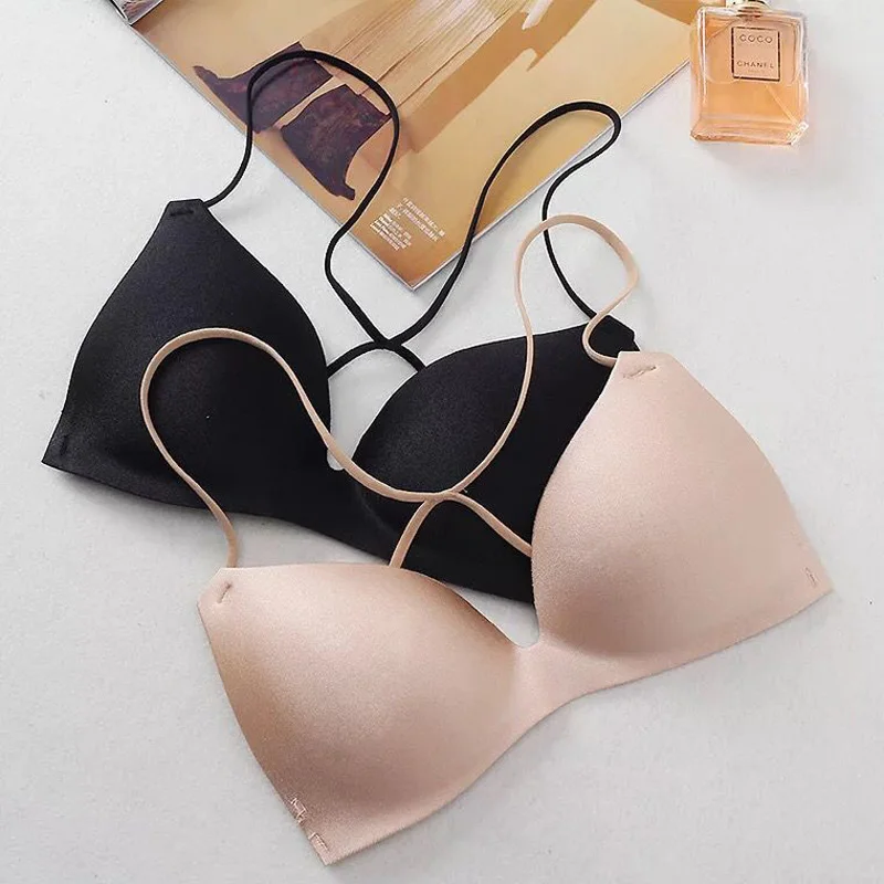 Ropa interior Sexy para mujer, sujetadores con relleno, lencería elástica, Bralette de realce, Top Sexy con correa cruzada, Conjunto informal