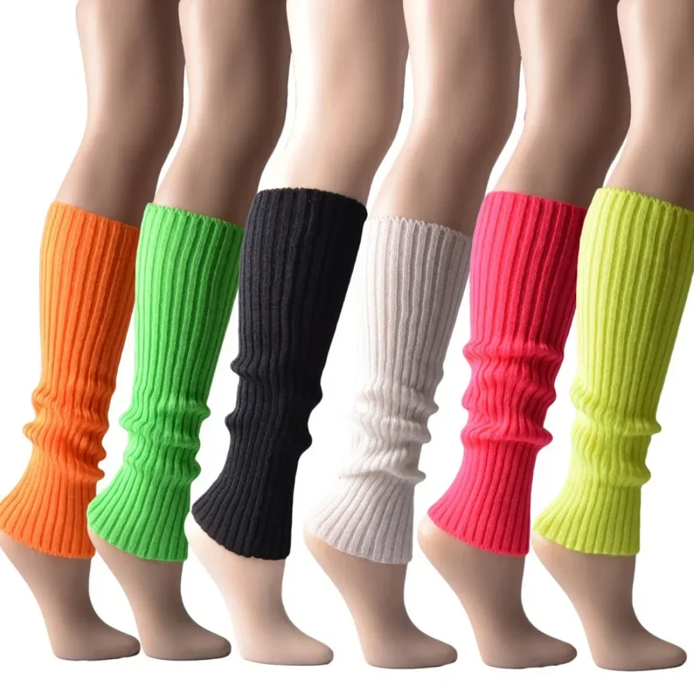 Women Neon Colored Knit Leg Warmers Punk Knee High Gothic Hip-hop Rock Sock Halloween Party Dress Ribbed Bright Footless Socks