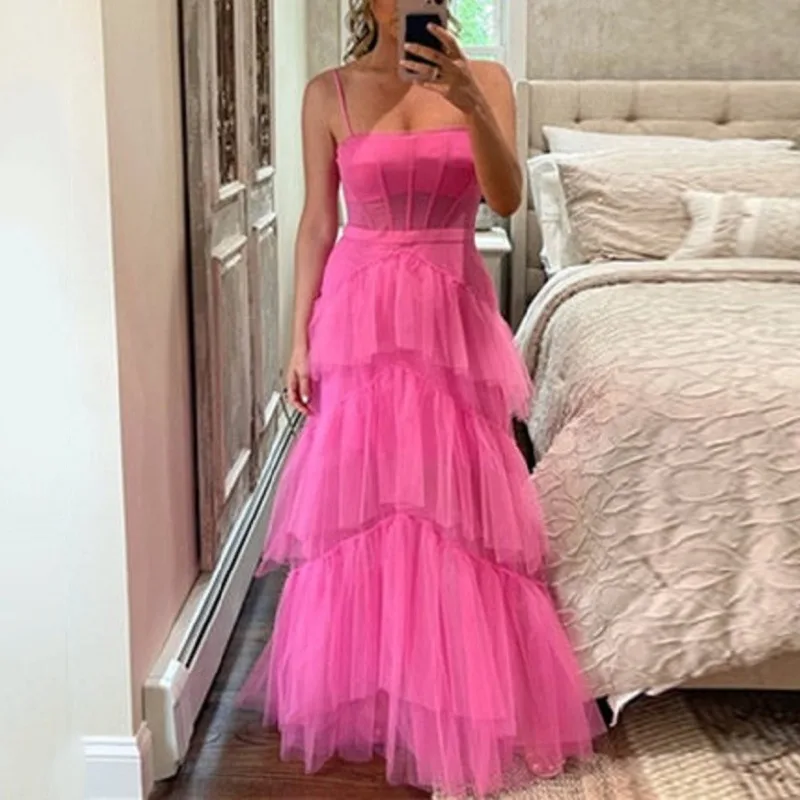 

Spaghetti Strap Layered Prom Dresses Women Strapless Formal Evening Gowns Special Occasion Party Dress Tulle Vestidos