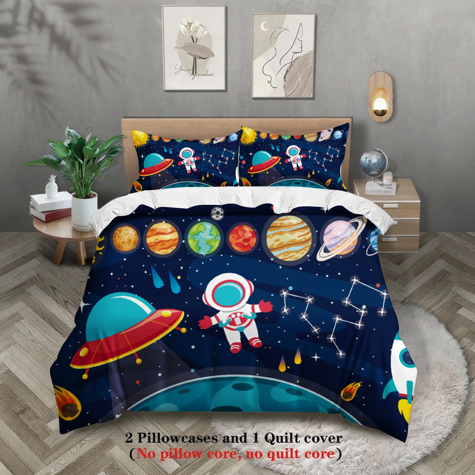 3pcs Space Astronaut Bedding Sets 3D Printed Outer Space Planets Duvet Cover Sets With Pillowcases No Filling