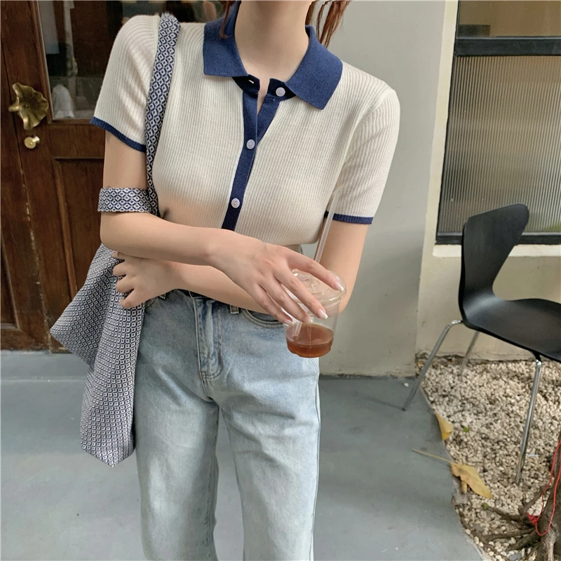 

Women's 2024 New Summer Short Graceful Thin-Style Gray Tops Polo Collar Viscose Fiber Short-Sleeved Knitted Elegant T-shirts Pop