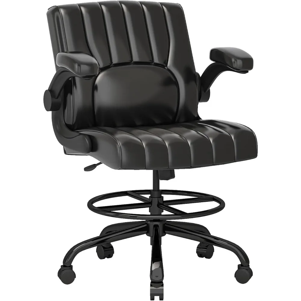 

Drafting Chair, Black Desk Chair, Comfortable Office Chair with Adjustable Foot Ring Footrest/Flip-up Armrest/4.7in Thick