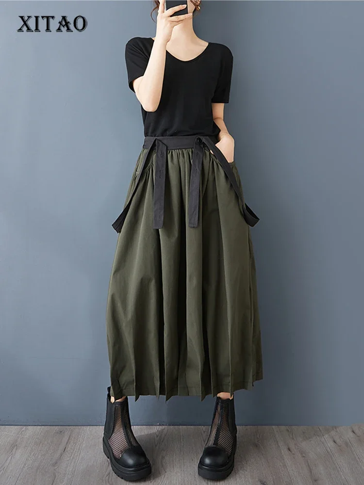 

XITAO Folds Suspenders Contrast Color Skirts Casual Pocket Patchwork All Match A-line Loose Slimming Personality Skirt ZY8932