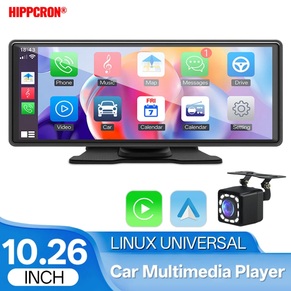 Hippcron 10.26 Inch Car HD Display Screen with Wireless CarPlay And Android Auto Portable Car Multimedia Player Car Radio