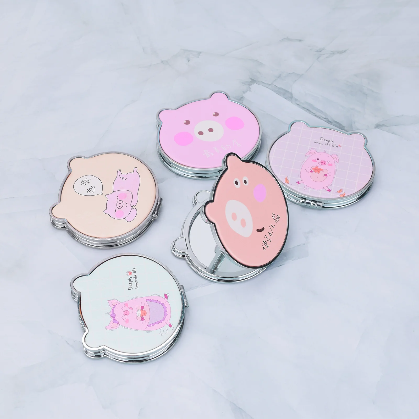 Portable Cat Plant Print Makeup Mirror PU Leather Small Round Circle Two-Sided Folding Girls Mirror