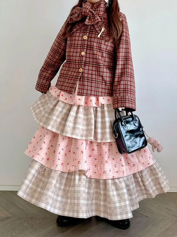 Retro Cute Pink Tiered Cake Skirt for Women, Japanese Fashion Plaid & Cherry Print Puff Skirt Daily Wear Sweet Cute Young Lady