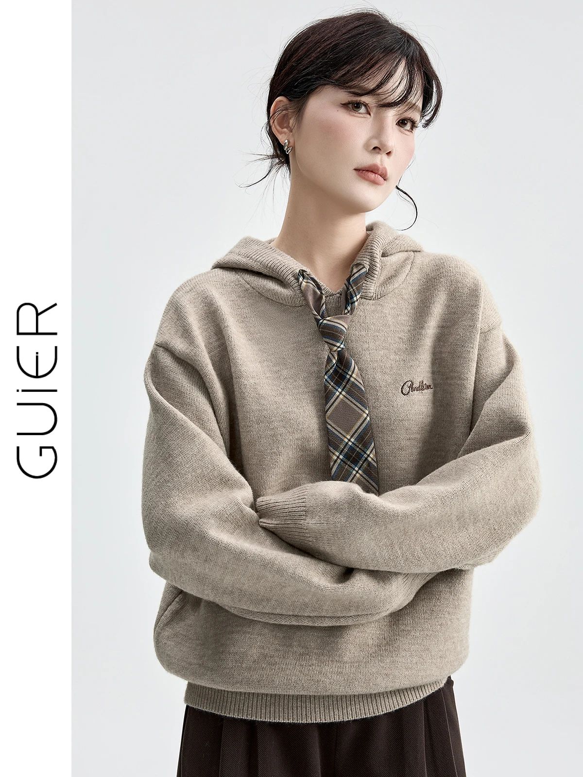 

Guier Knitted Sweater with Hat And Tie for Women Autumn Winter Vintage Preppy Sle Regular Fit Long Sve Casual Top