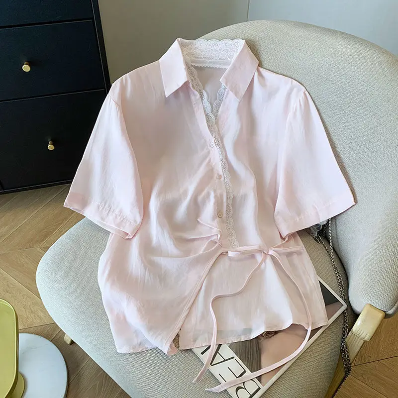 Gentle Lace Splice V-ne ort Sve irt Vita stretta con cintura Faion Top estivo da donna Coreano Sle Pendolarismo Vento Vestibilità ampia