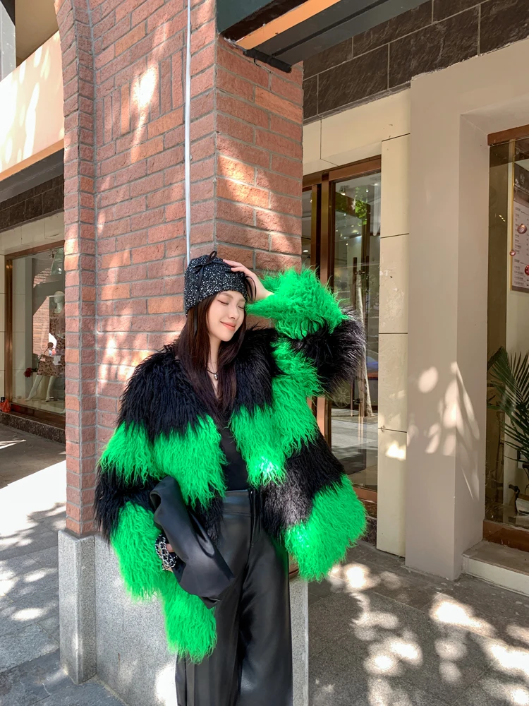 Original Design Female Faux Fur Coat Green Contrast Color Personalized Long Jacket Women\'s Winter Coats Factory Direct Sales