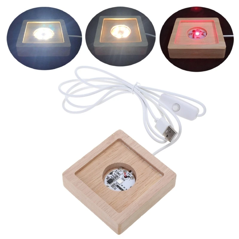 Square Wooden Led Night Light Base Colorful /White/Warm Lighted Display Lamp Base Stand with USB Cable Table Decor