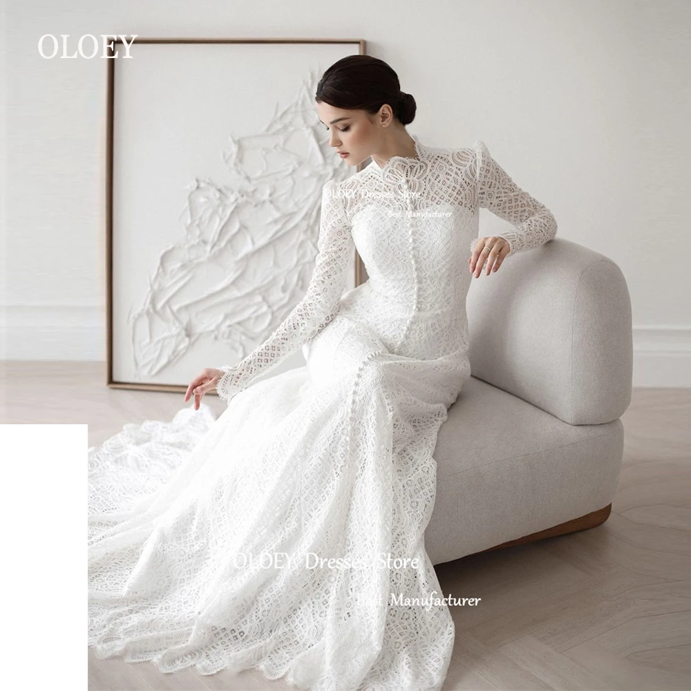 

OLOEY Modest A Line Full Lace Wedding Dresses Long Sleeves High Neck Buttons Sweep Train Bridal Gowns Elegant Vestido de novia