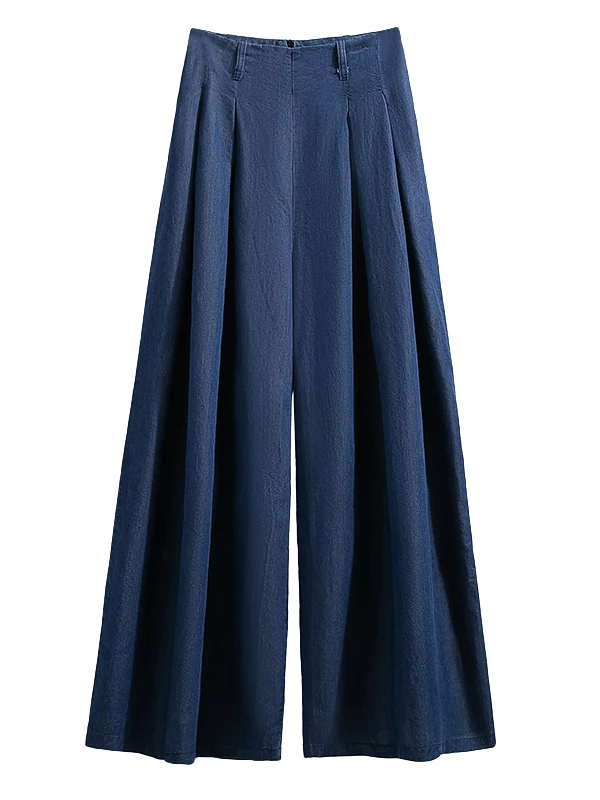 

plus Size Women's Straight Leg Wide Leg Jeans High Waist Long Floor Length Silk Denim Micro Flared Pants Loose Fit Summer Blue