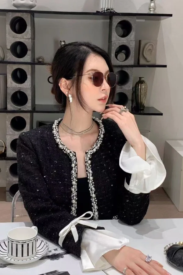 

​​Petite Cropped Beaded Statement Jacket 2025 Luxe Finish Textured Knit Set Women Spring Fall Tailored Elevated Top​​