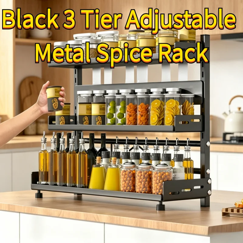 

Black 3 Tier Adjustable Metal Spice Rack, Countertop Storage Organizer for Kitchen Cabinet Spice Organization