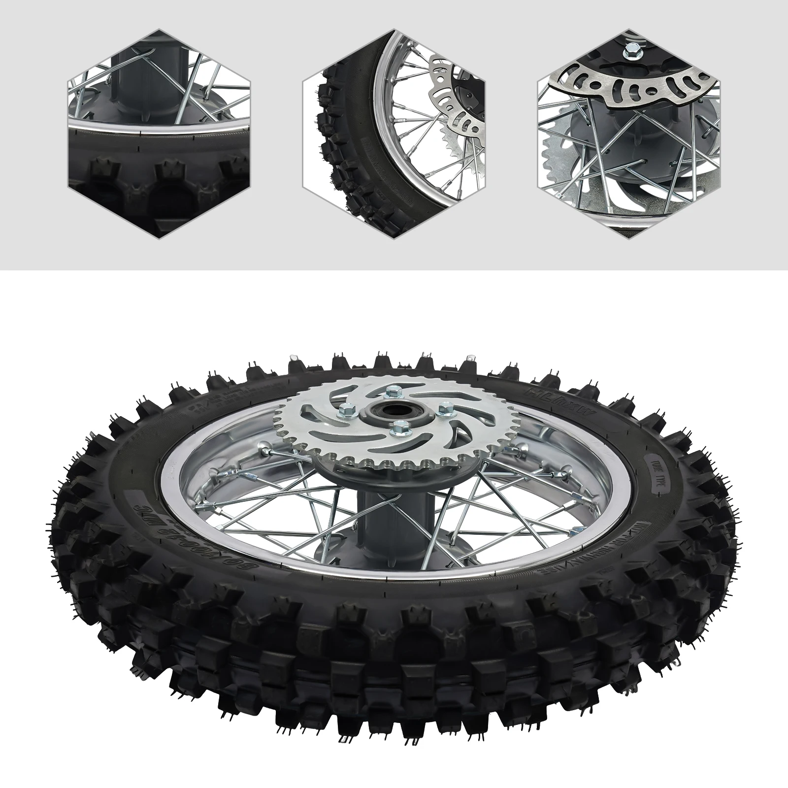 80/100-12 Rear Tire with Sprocket and Brake Disc Rotor for Dirt Pit ​Bike 50cc 70cc 90cc 110cc 125cc 140cc Black and Silver