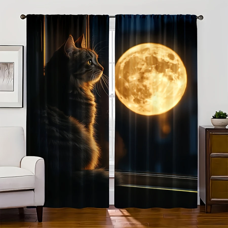 2PCS Digital Printed Curtains, Tabby Cat Watching Full Moon Night Window, Realistic Mystical Feline Moonlight Window Decor