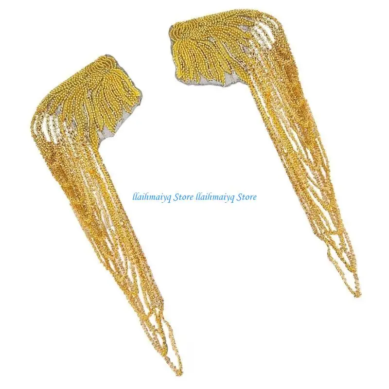 

573B Professional Performers Costume Epaulets Shoulder Applique Fringed Sequined Bead Epaulettes for Stage Performances Suit