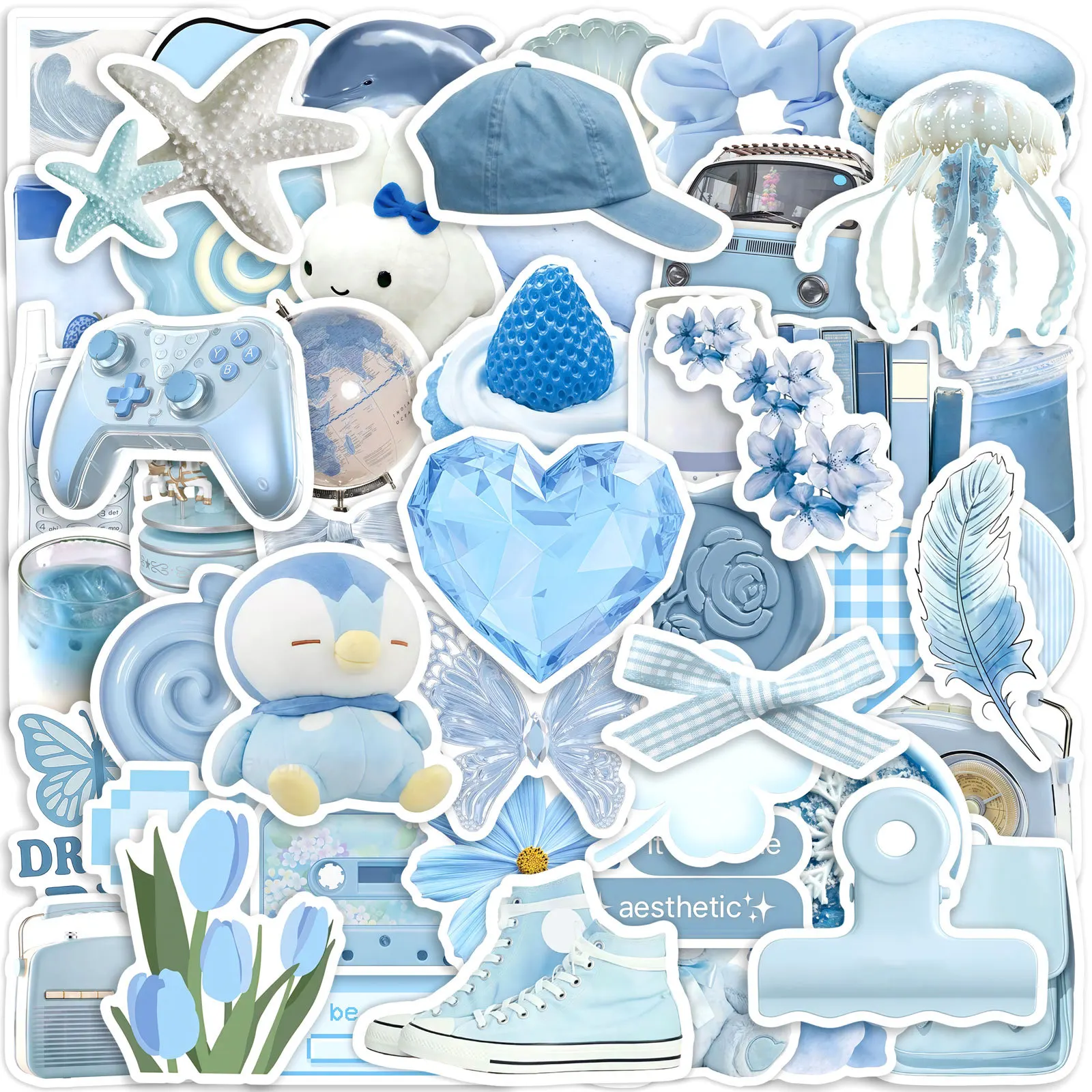 50/100 Piezas de Pegatinas con Tema Azul Claro Estilo Ins para Álbumes de Recortes, Casco, Ventana de Coche, Diario, Guitarra, Calcomanías Impermeables