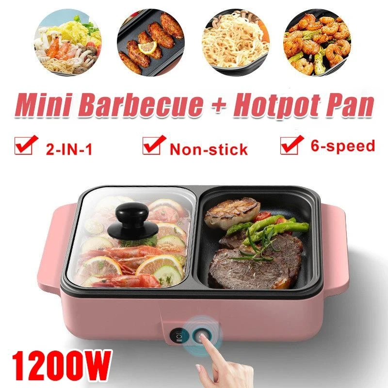 

110V/220V 2 IN 1 Electric Hot Pot Cooker BBQ Grill Multicooker Electric BBQ Grill Non Stick Plate Barbecue Pan Cooking Pot 1200W