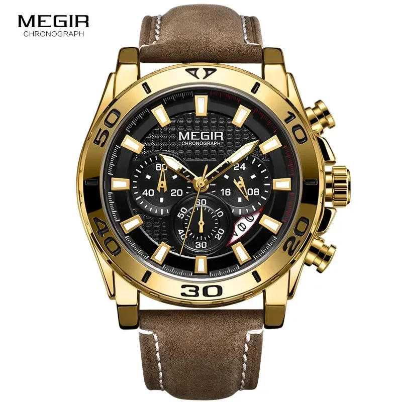 MEGIR Men's Leather Strap Quartz Watches Waterproof Luminous Army Sports Chronograph Wristwatch Man Relogios Clock 2094 Gold