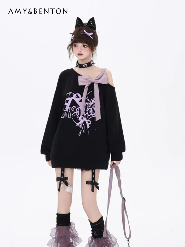 

Subculture Black and Purple Off-the-shoulder Bow Suspender Long-sleeved Hoodie Autumn Winter Gothic Sweet Cool Oversized Hoodies