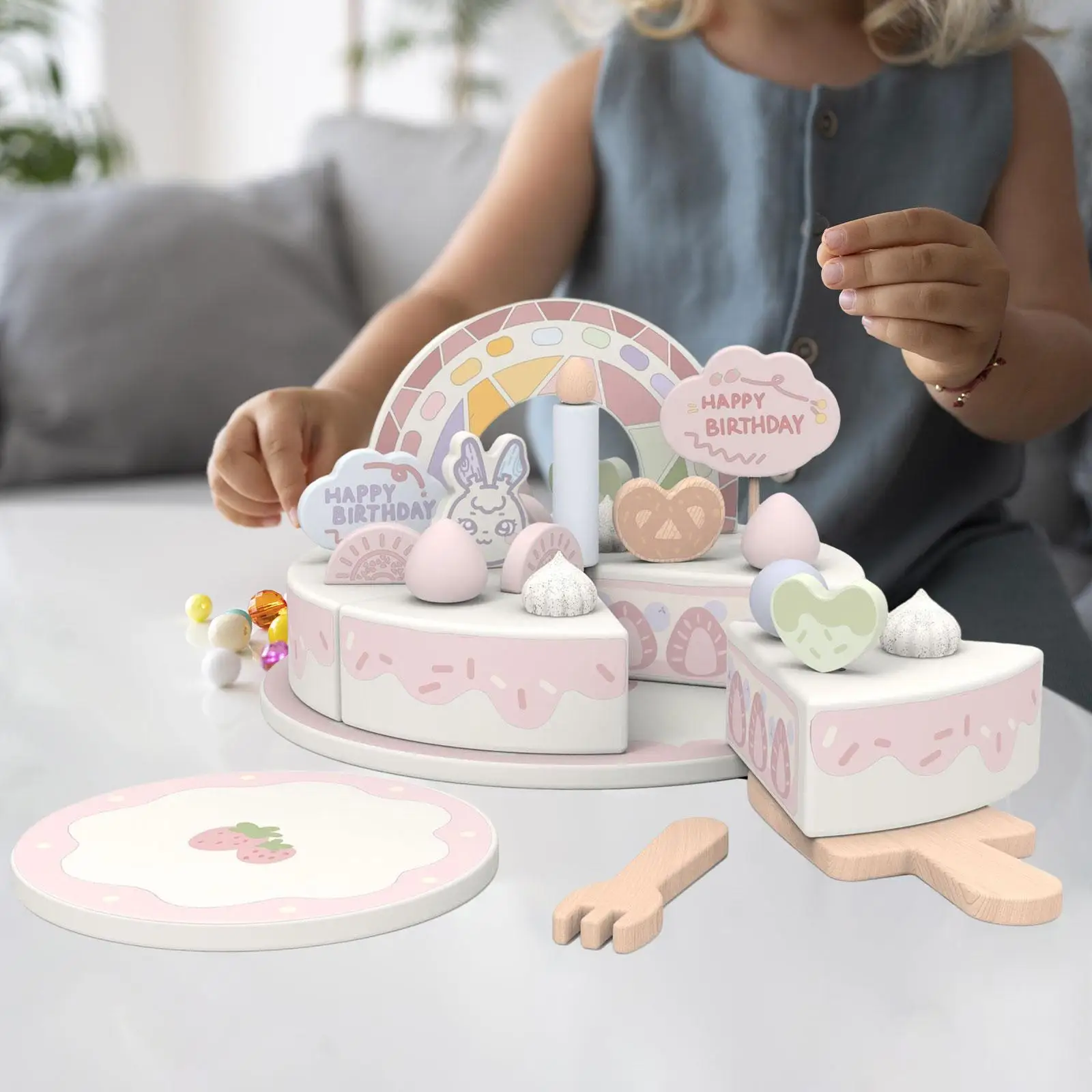 ชุดเค้กปาร์ตี้วันเกิดทำจากไม้ชุดอาหารเล่นสมมติแบบทำมือพร้อมเทียนชุดของเล่นเค้กวันเกิดอาหารสำหรับเด็กผู้หญิงเด็กผู้ชายเด็ก