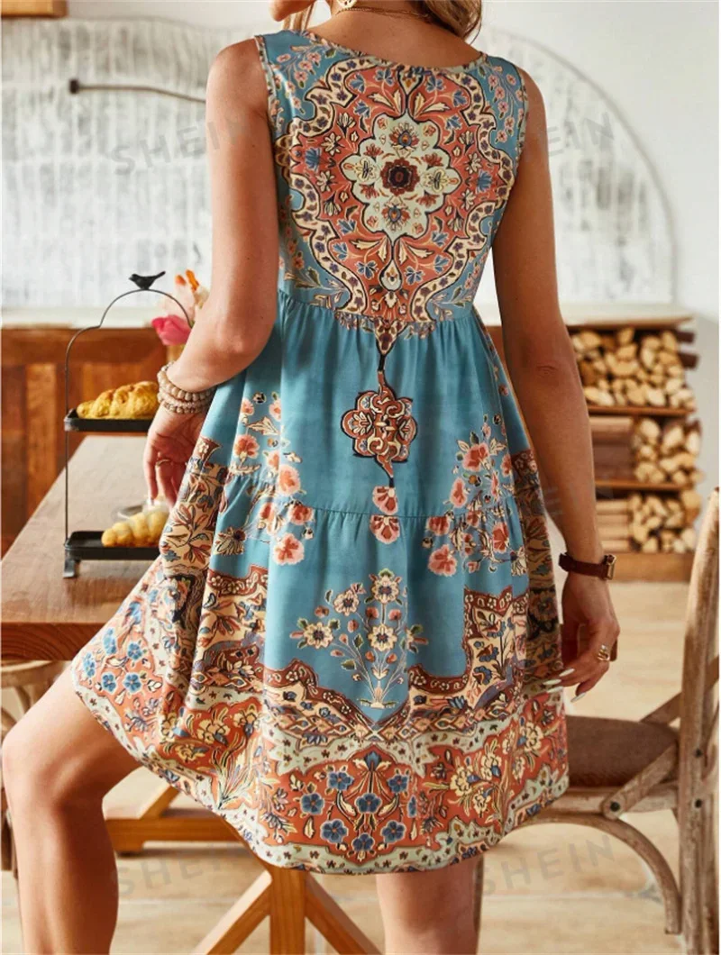 Elegant Women Ethnic Style Print Dresses High Waist Casual Vacation Loose Dress Summer O Neck Pullover Sleeveless Female Gown 24