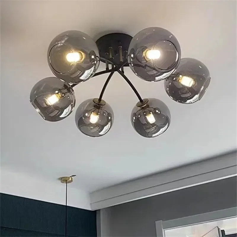 Industrial Vintage Ceiling Light Transparent Smoke Grey Glass Lamp Design Black and Gold Lamp Bedroom Dining Room Decor Light