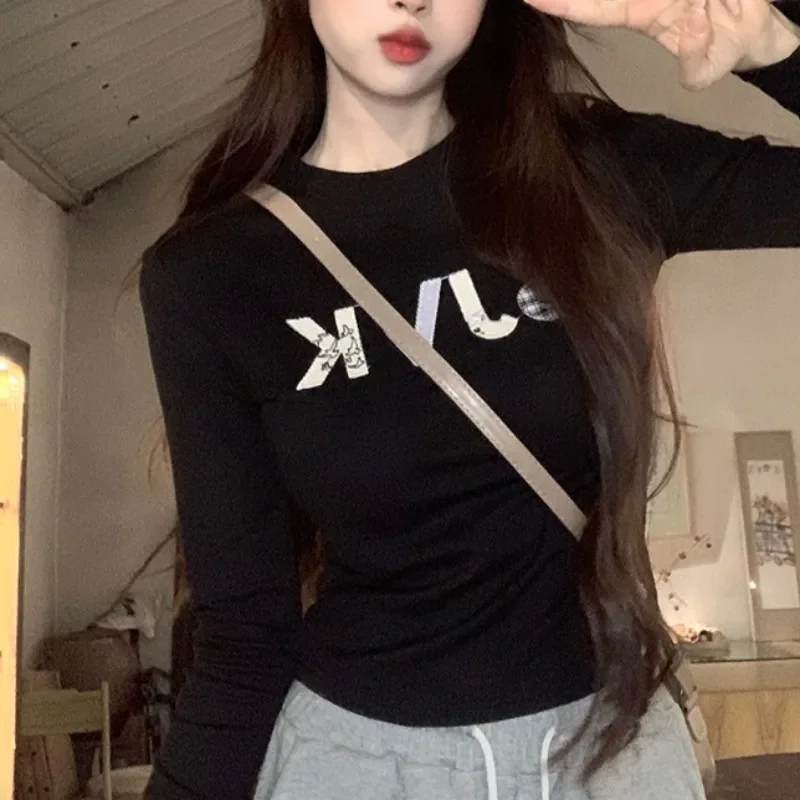 용수철 여성용 긴팔 레터 티셔츠, 올 매치 하이 스트리트 패션, 대학생 소녀 슬림 O-넥, 니치 캐주얼 영, 가을