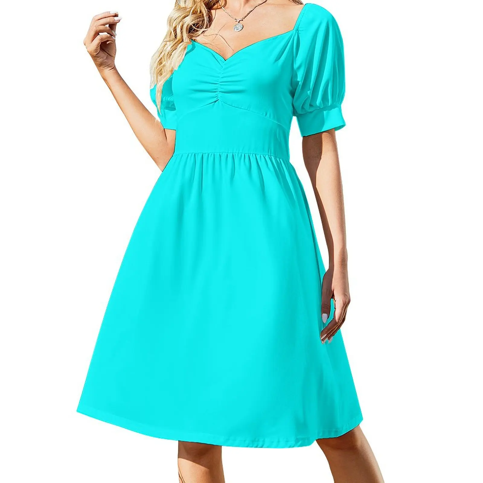 

Neon Aqua Blue Bright Electric Fluorescent Color Short Sleeved Dress clothes for women summer women's dress 2025 Dress