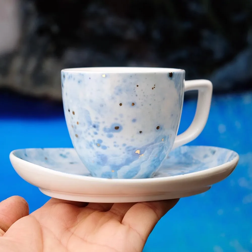High-temperature Ceramic Ink-wash Starry Sky Coffee Cup and Saucer Blue Nebula Abstract Art Afternoon Teacup