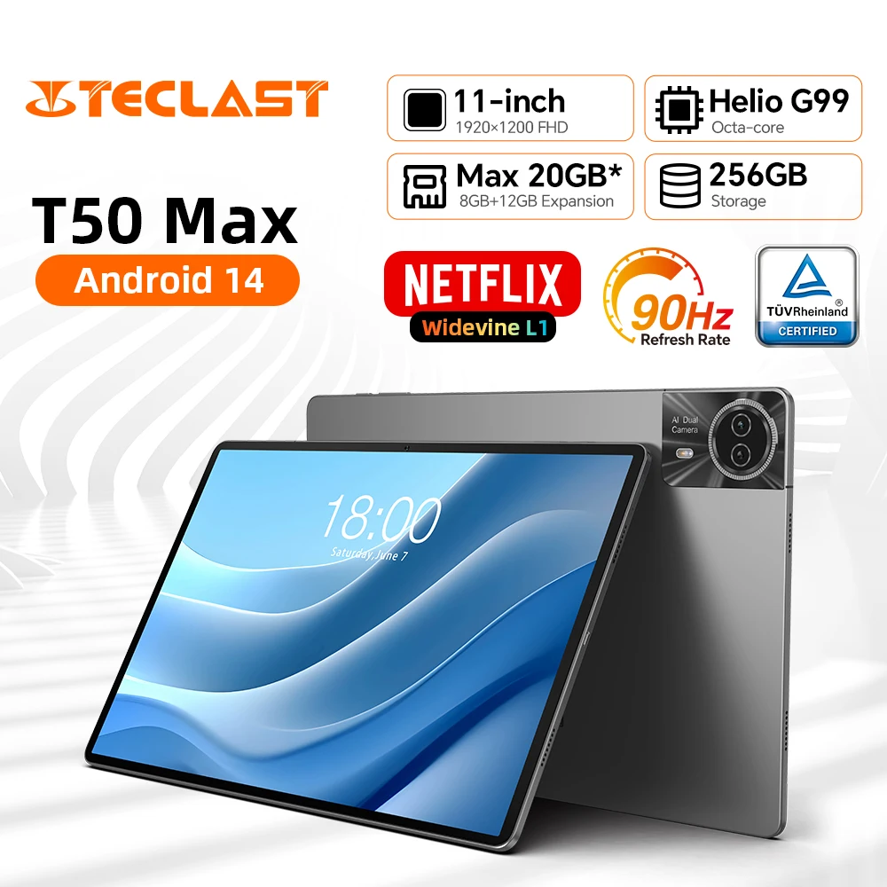 Patch last-T50Max Android 14 Tablet 11, 90Hz, Taux de rafraîchissement, Max 20 Go de RAM, 256 Go, Dean Helio G99 CPU, 8000mAh, 18W, Charge rapide, 4G Permanence GPS
