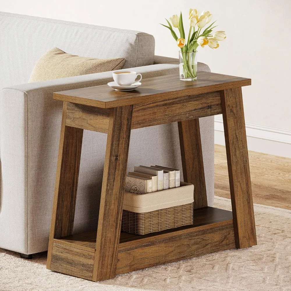 

Wood End Table, Small Side Table with 2 Storage Shelves, Rustic Accent Narrow Nightstand for Living Room, Bedroom