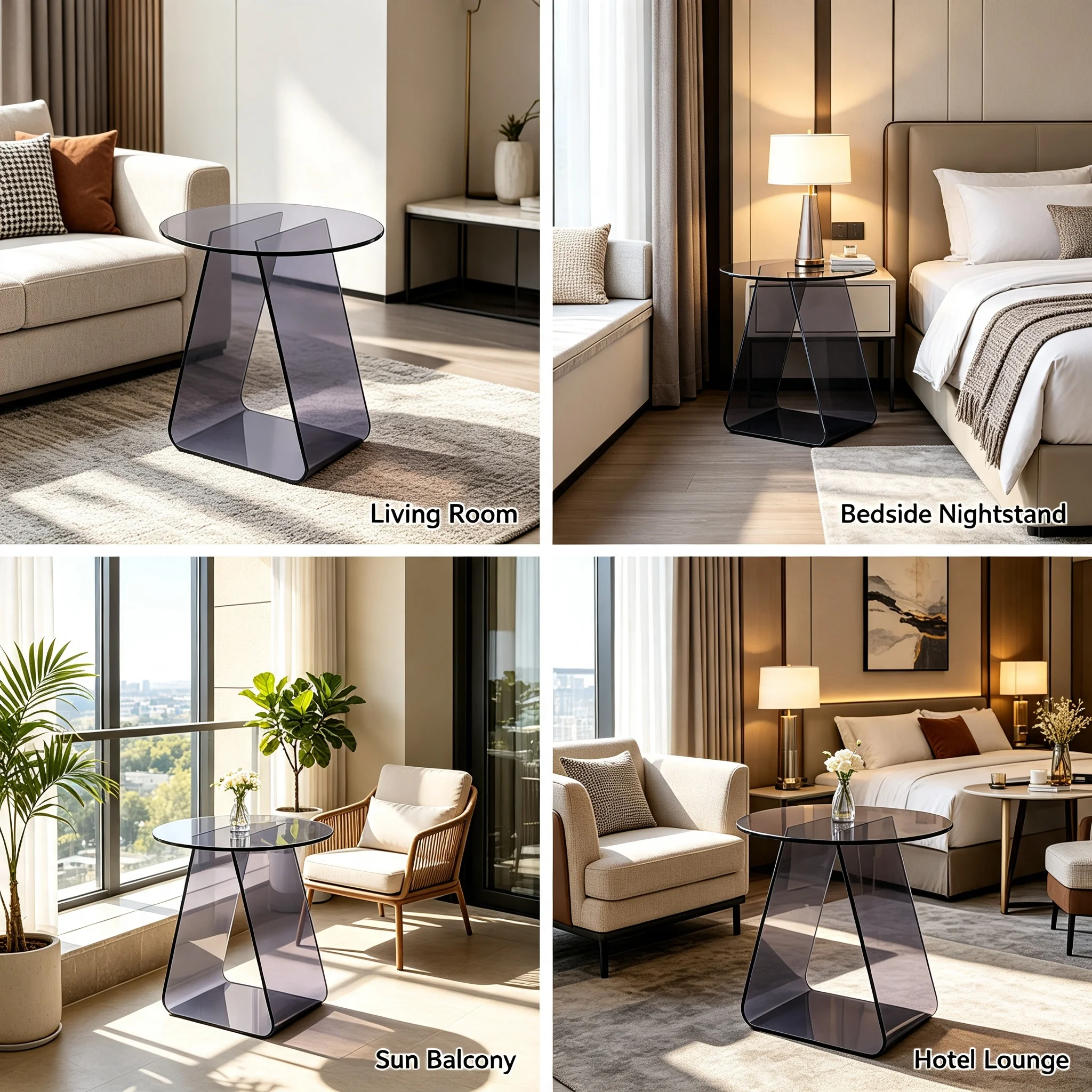 Side Table Acrylic Transparent Round End Table, Modern Nightstand with Triangle Support Frame, 15.7