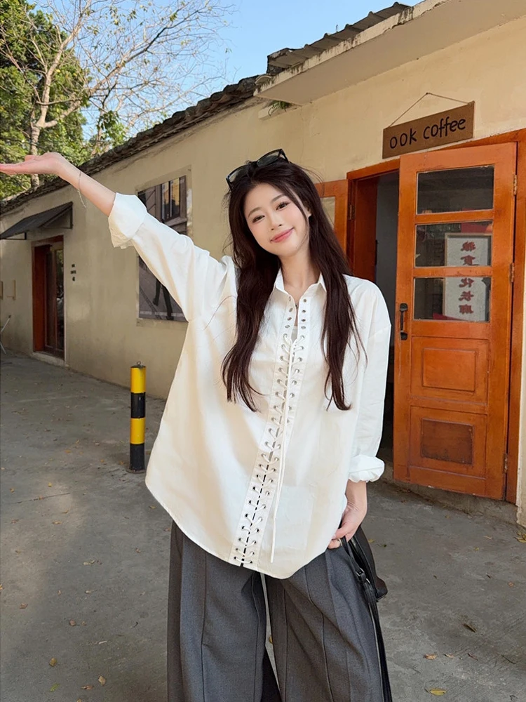 

Ретро-топ свободного кроя для женщин с длинным рукавом, с ремнем и заклепками, весна 2026, новинка, домашний, удобный, классический, модный