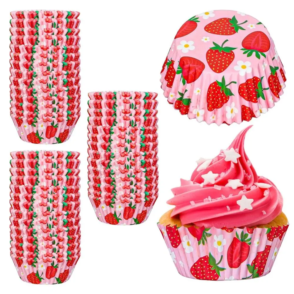 300PCS Pink Strawberry Cupcake Liners Summer Fruit Theme Paper Cups Strawberry Cupcake Toppers Standard Cupcake Liners Bulk