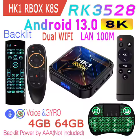 HK1 RBOX K8S RK3528 Android 13 Quad Core Rockchip 8K Dual Wifi 2.4G 5G BT4.0 100M LAN2GB 4GB 16GB 32GB 64GB Smart TV Box