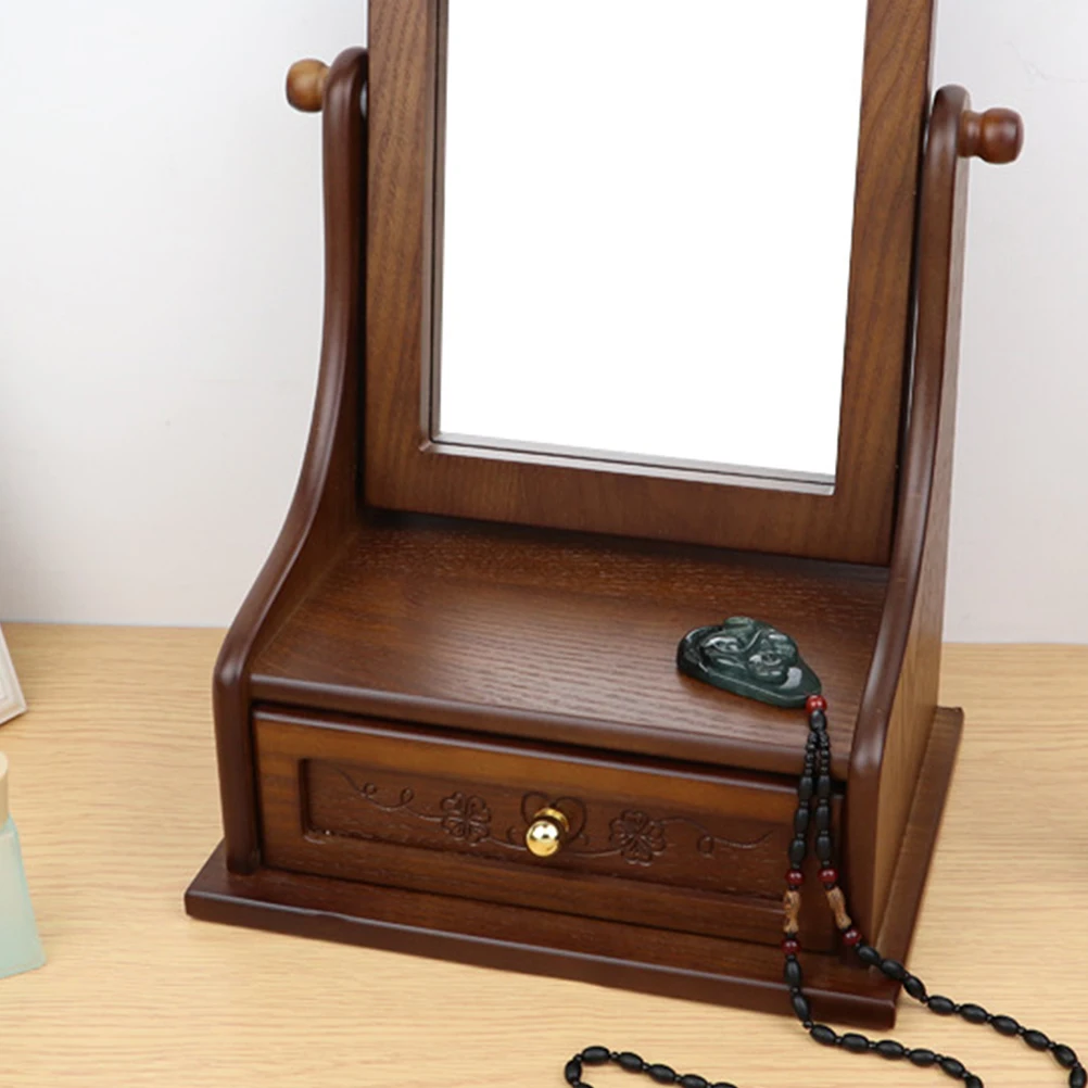 مرآة زينة عتيقة، مرآة مكياج خشبية قابلة للتعديل لسطح المكتب بزاوية 360 درجة، طاولة تسريحة كلاسيكية من الزجاج الفضي عالي الوضوح #6