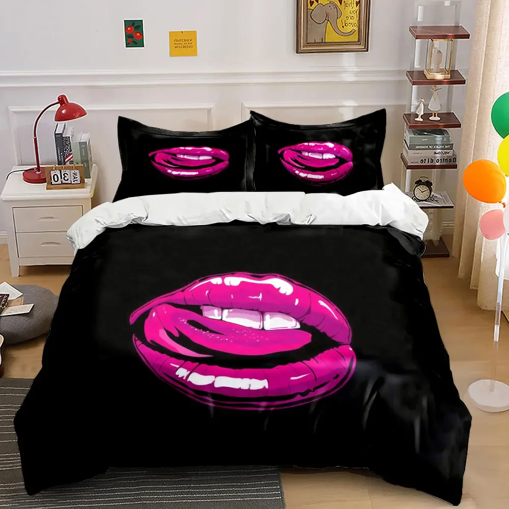 Vibrant Lips Art Decor Set Soft Comfortable Duvet Cover Bedding Set Included 1*Duvet Cover & 2*Pillowcases, gift
