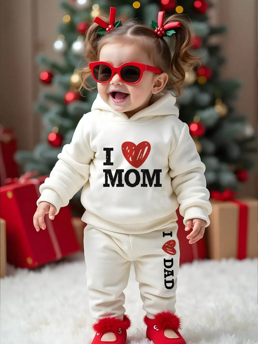

Cream Toddler Hoodie & Pants Set with Heart Print, Soft Knit Casual Outfit for Winter