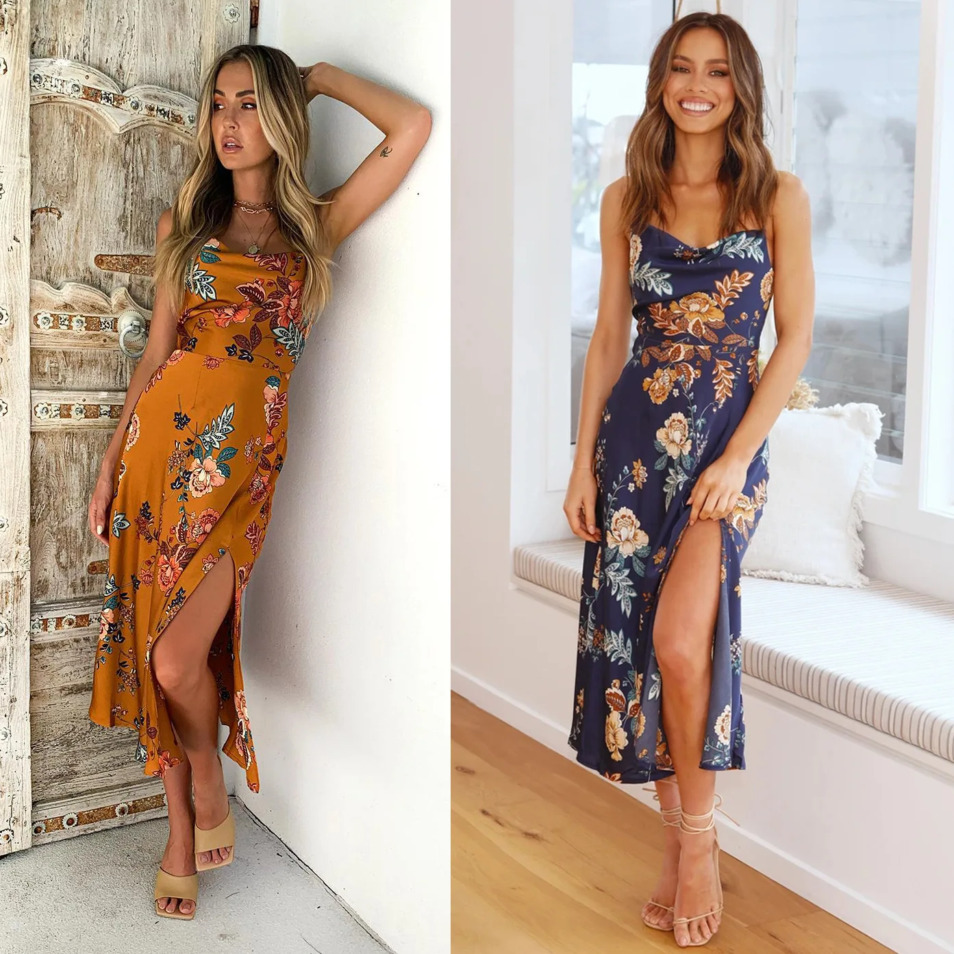 Frauen Neue Stil Gedruckt Floral Sexy Strap Split Kleid Hause Off-Schulter Rückenfreies Kleid Ärmellos