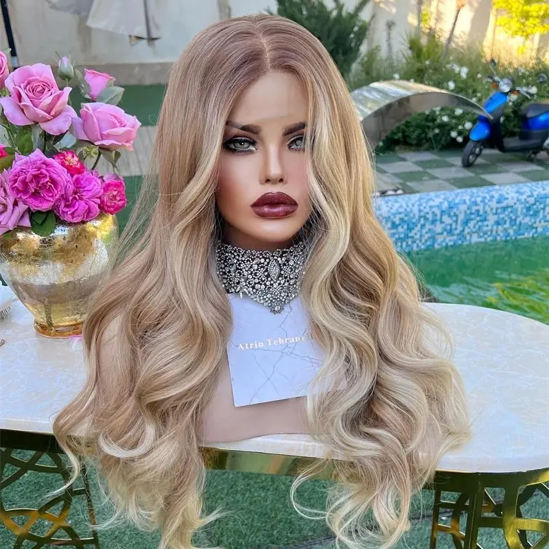 

HD Синтетический Ombre Blonde High Heat Женский парик с коричневыми корнями Объемная волна Маленькая большая голова Средний парик фронта шнурка