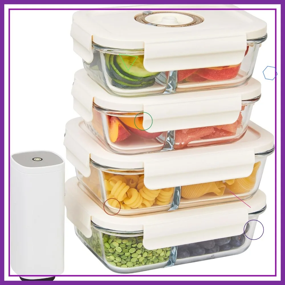 

4-Compartment Vacuum Food Storage Containers with Electronic Pump - BPA-Free Glass, Leak-Proof for Meal Prep & Marinating