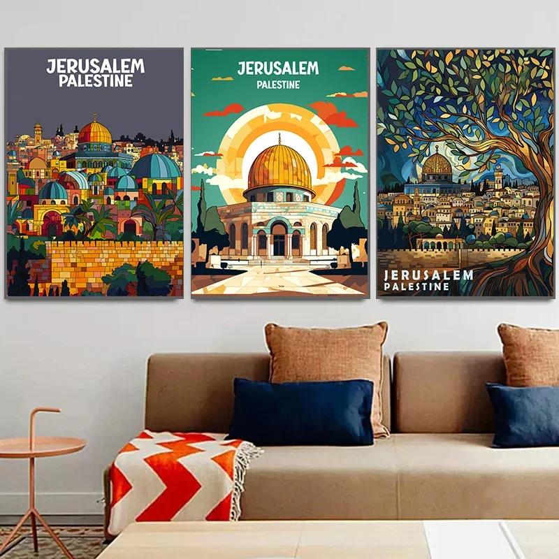 Jerusalem Palestine Travel Poster, Religious Shrine, Interconnection Prints, Canvas Painting, Wall Art, Living Room Decor